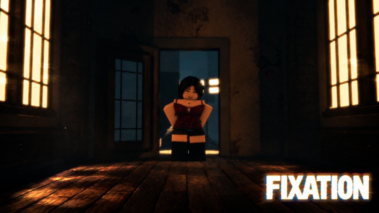 FIXATION in-game house interior with the obsessed character standing in a lit doorway